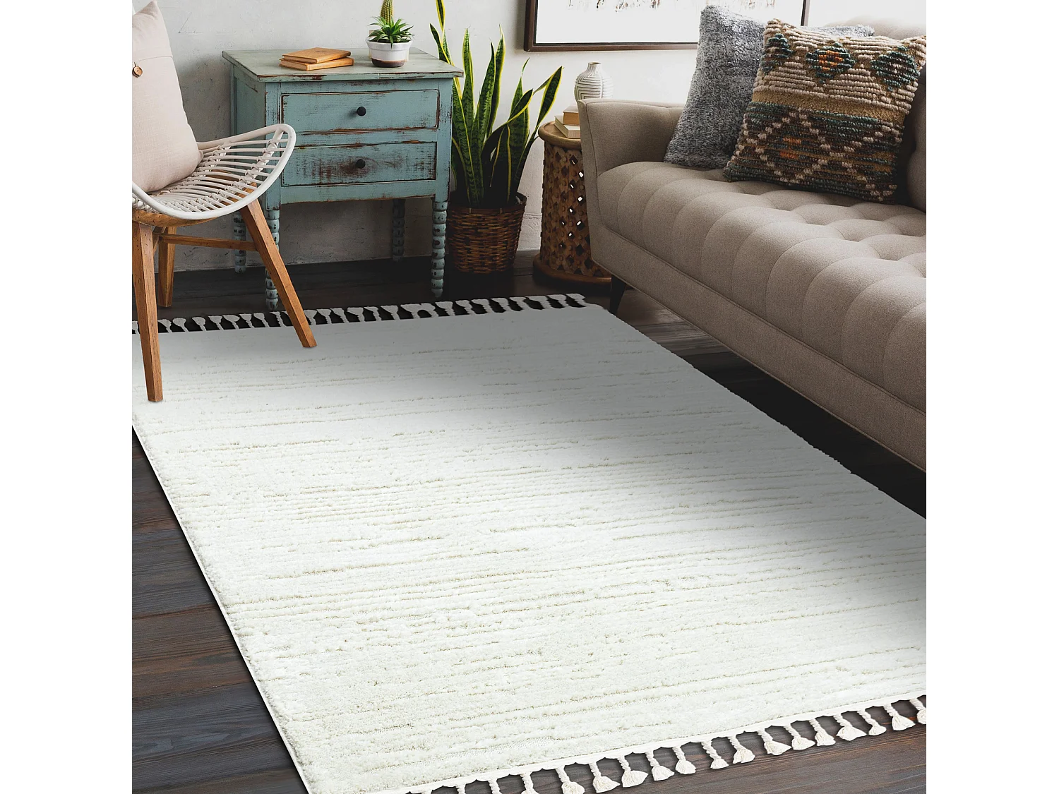 Tapijt SEVILLA AC53B strips , prążki wit Kwastjes berbery Marokkaans 200x290 cm