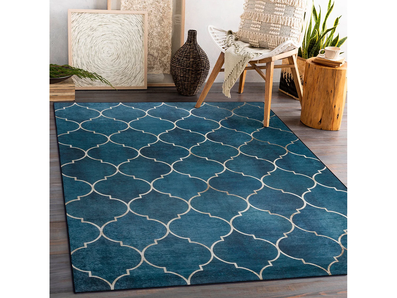 ANDRE 1181 tapijt wasbaar klaver Marokkaanse antislip - blauw 120x170 cm