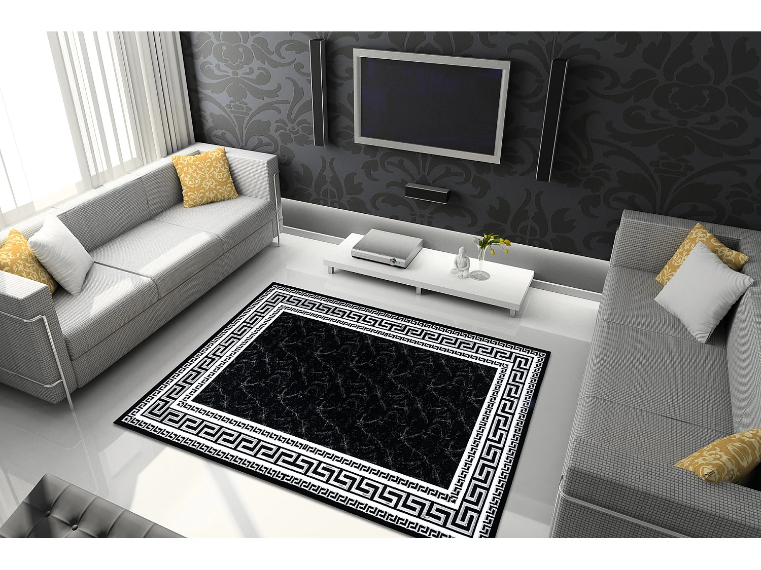 Tappeto GLOSS moderno 2813 87 elegante, telaio, greco nero / grigio 140x190 cm