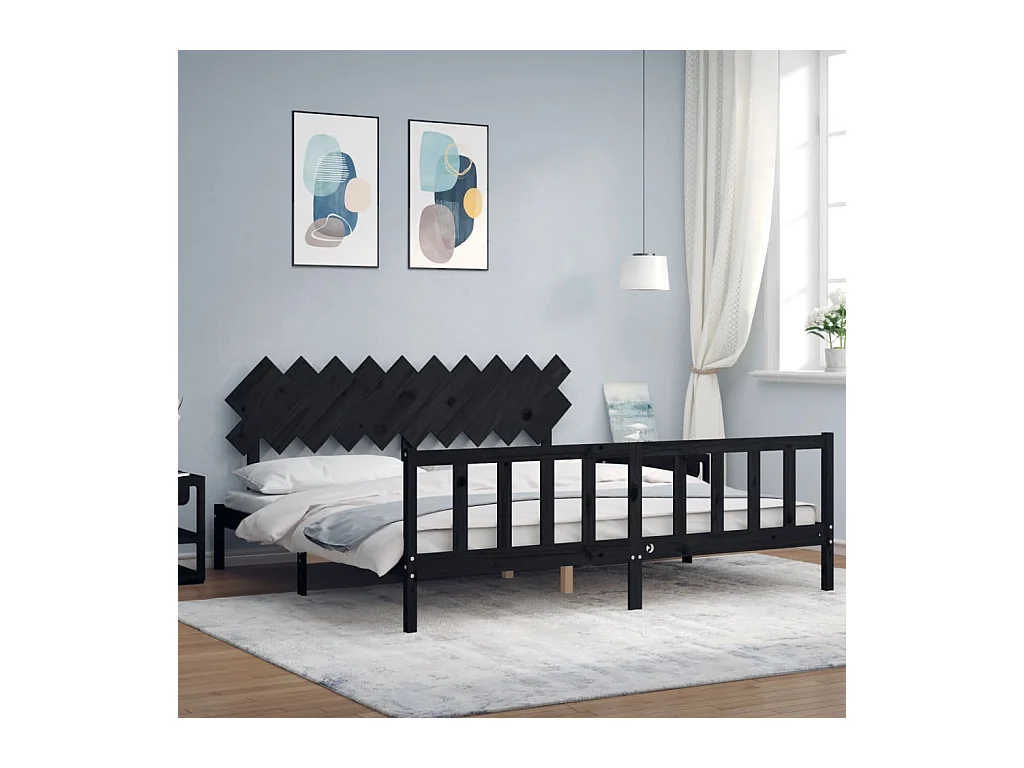 Lit-200x200 cm avec tête de lit noir bois massif EGGB12809