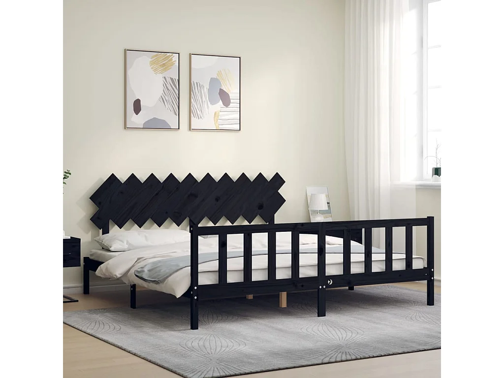 Lit-200x200 cm avec tête de lit noir bois massif EGGB12809