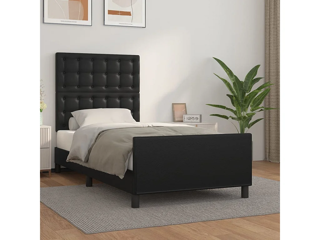 Cama 90x190 cm con cabecero cuero sintético negro ES58553