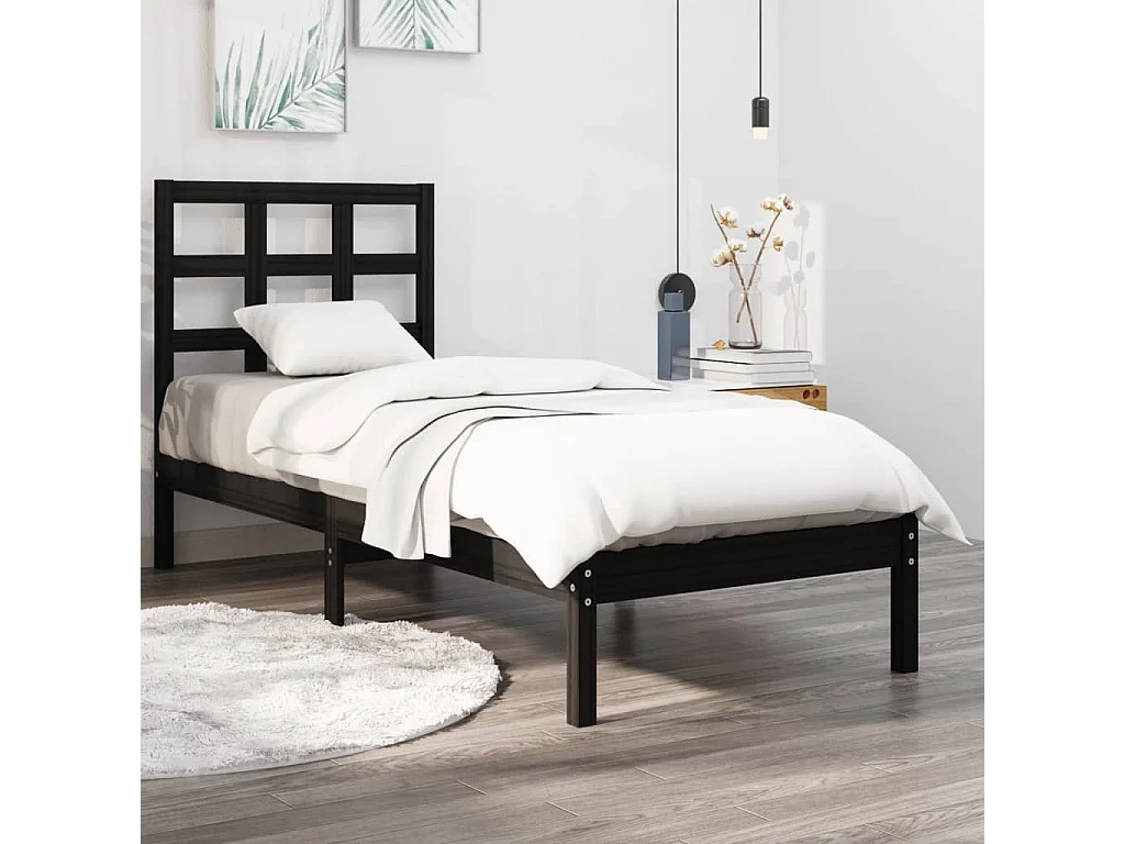 Lit-75x190 cm Noir Bois massif Petit simple EGGB13860