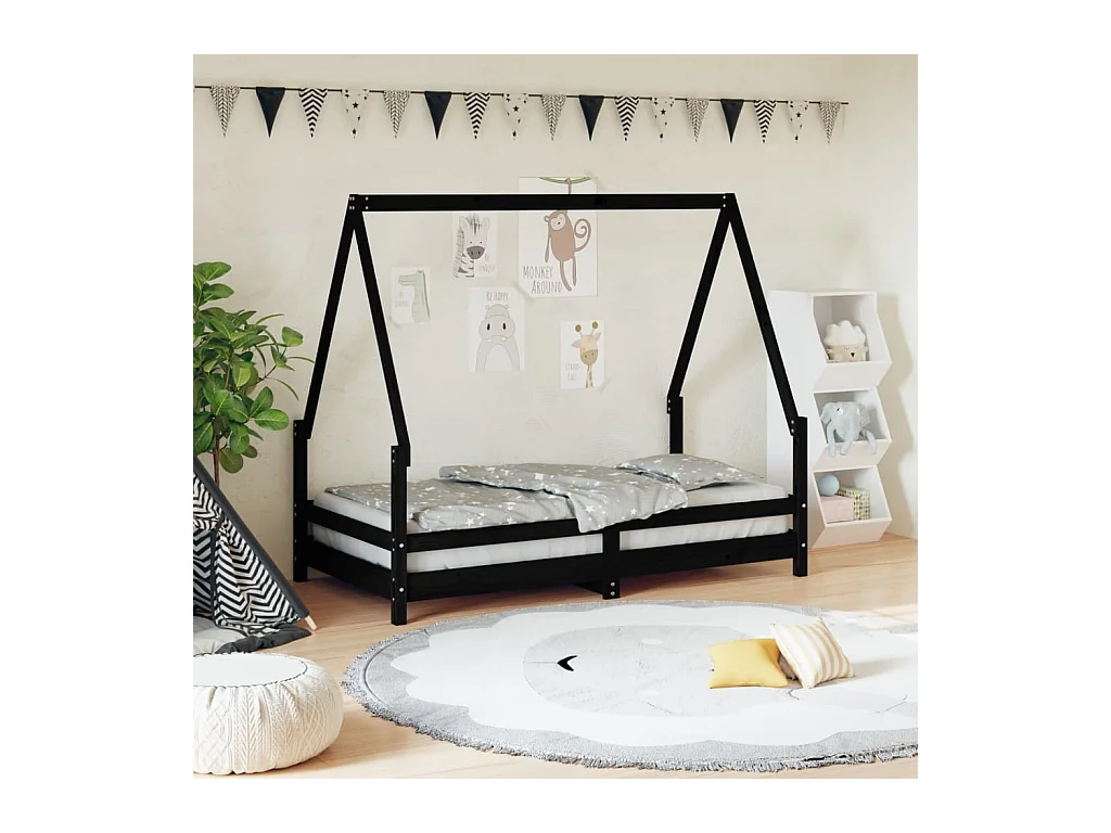 Lit-80x160 cm pour enfant noir bois de pin massif EGGB46119