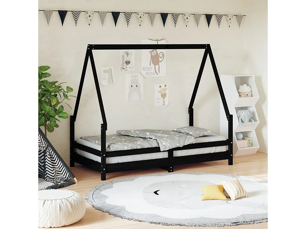 Lit-80x160 cm pour enfant noir bois de pin massif EGGB46119