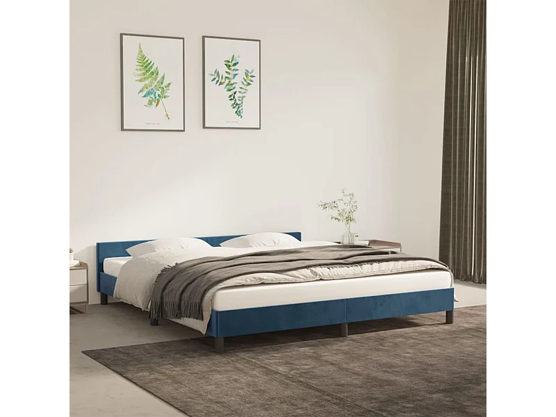Cama de adulto c/ cabeceira 160x200 cm veludo azul-escuro PT843771
