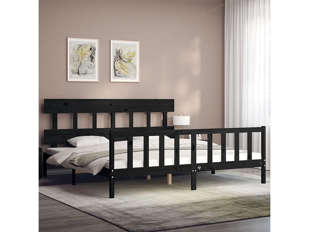 Lit-200x200 cm avec tête de lit noir bois massif EGGB43811