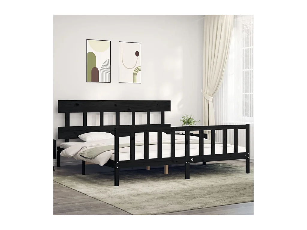 Lit-200x200 cm avec tête de lit noir bois massif EGGB43811