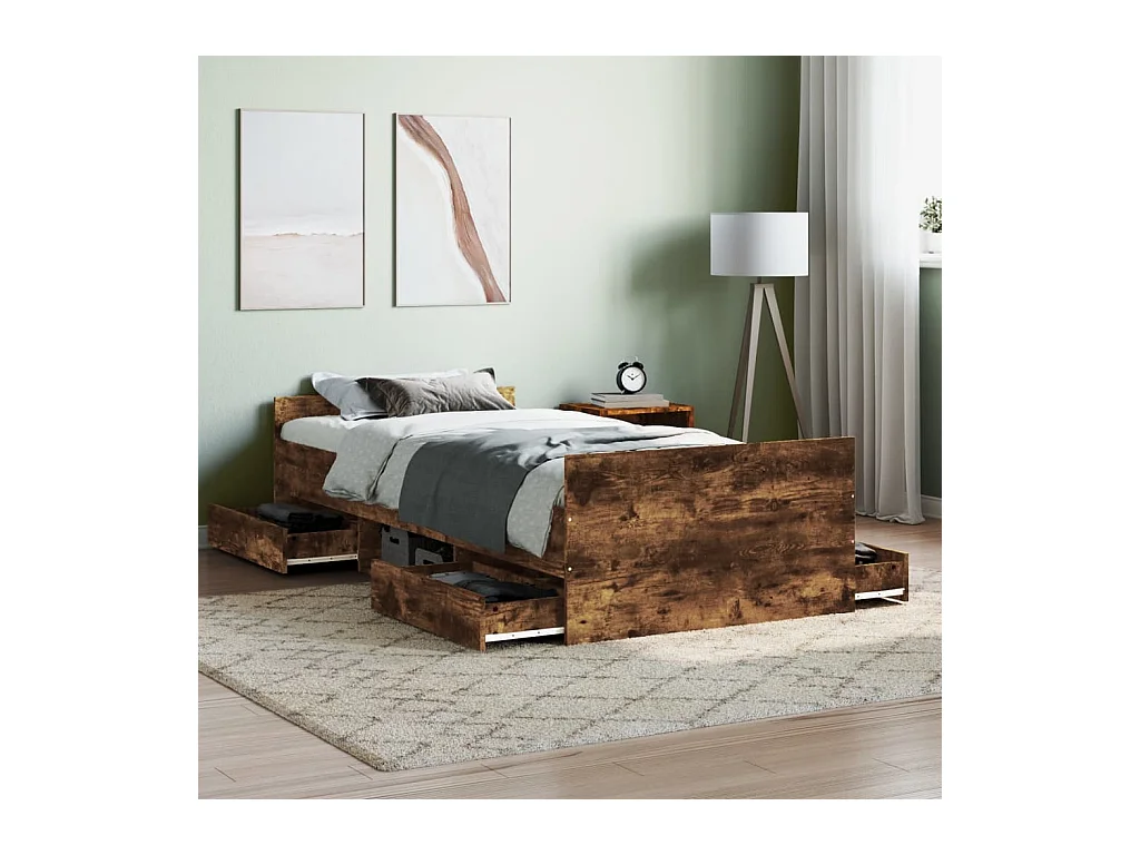 Lit-90x200 cm tête de lit et pied de lit chêne fumé EGGB18092