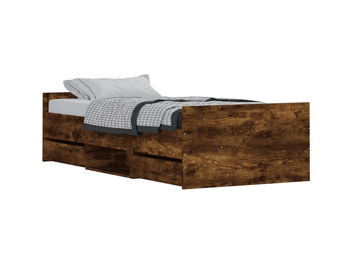 Lit-90x200 cm tête de lit et pied de lit chêne fumé EGGB18092