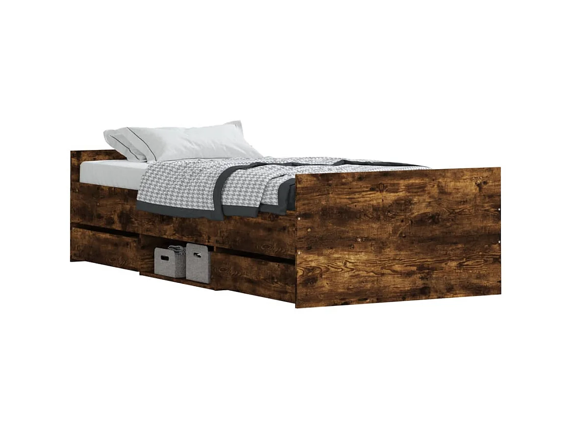 Lit-90x200 cm tête de lit et pied de lit chêne fumé EGGB18092