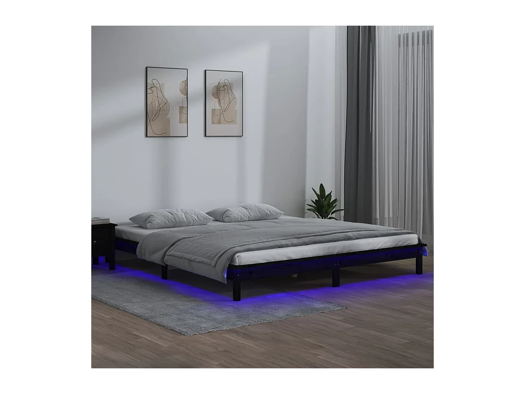 Lit-120x190 cm à LED noir petit double bois massif EGGB95649