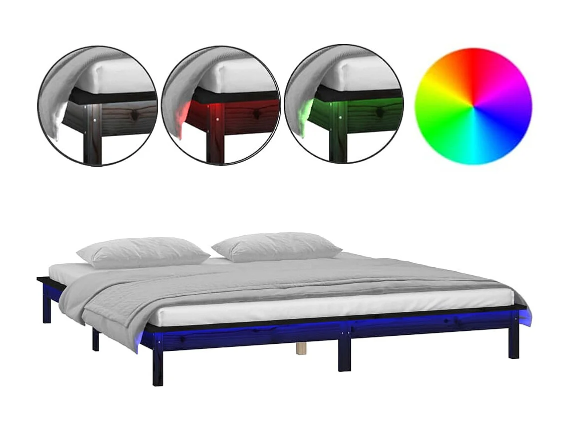 Lit-120x190 cm à LED noir petit double bois massif EGGB95649