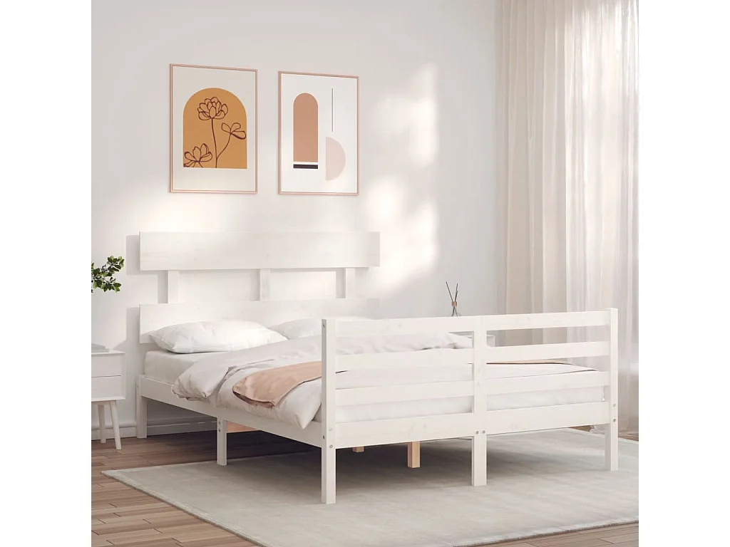 Cama de casal c/ cabeceira madeira maciça branco PT847487