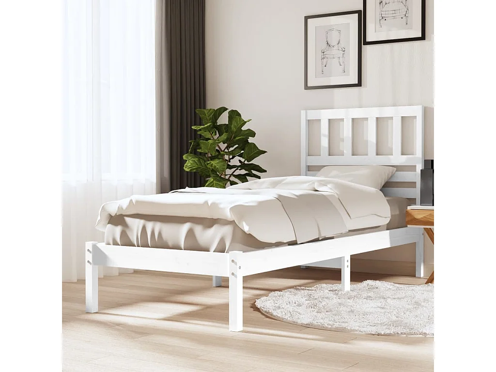 Cama de solteiro pequena 75x190cm pinho maciço branco PT910664