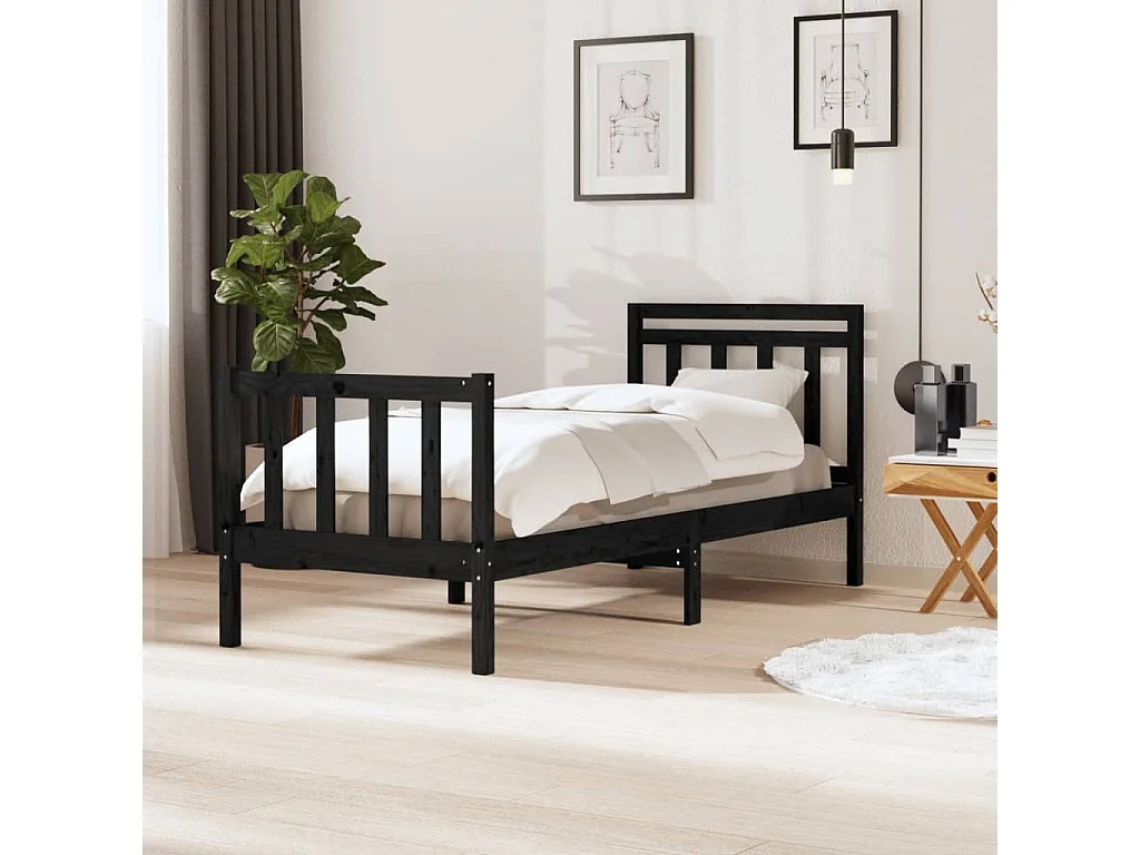 Lit-75x190 cm Noir Bois massif Petit simple EGGB38022