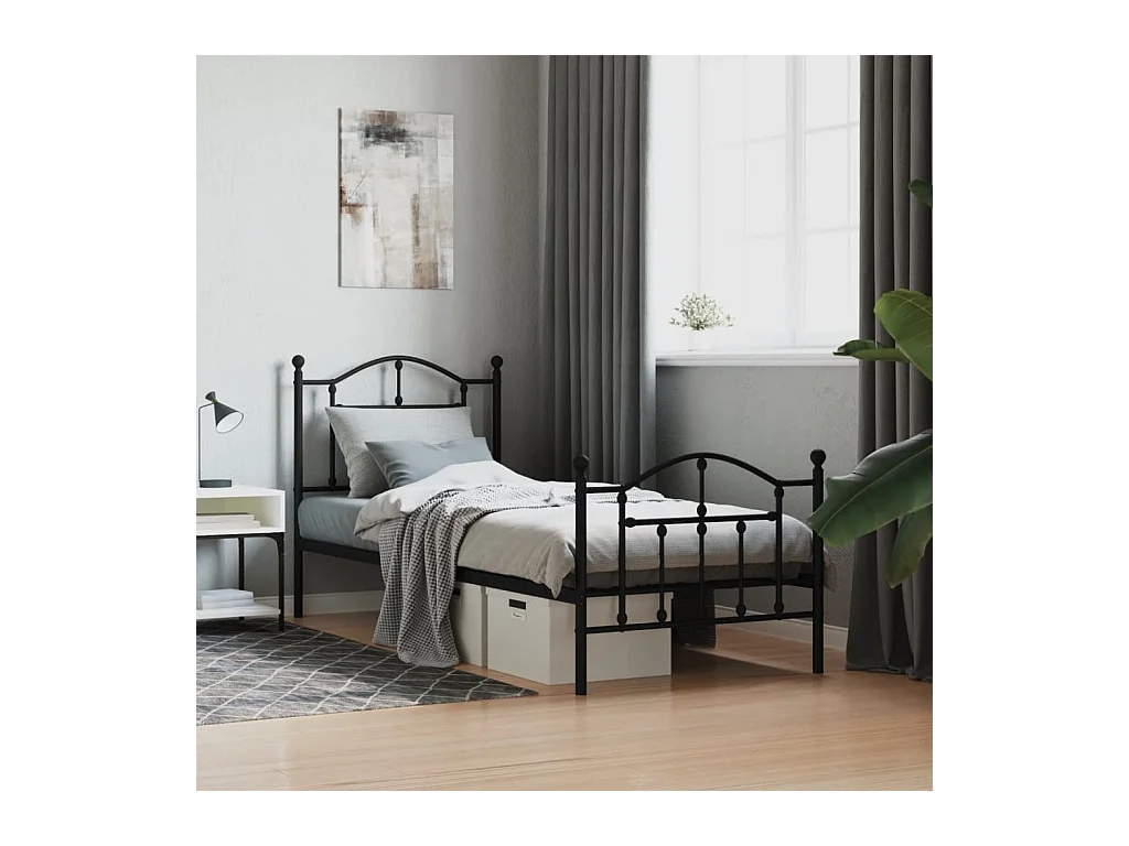 Lit-90x190 cm métal avec tête de lit/pied de lit noir EGGB94162
