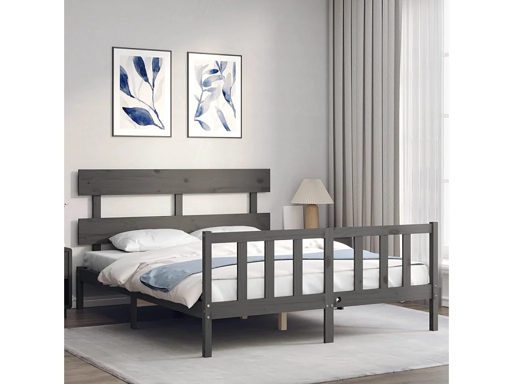 Lit-150x200 cm avec tête de lit gris King Size bois massif EGGB41246