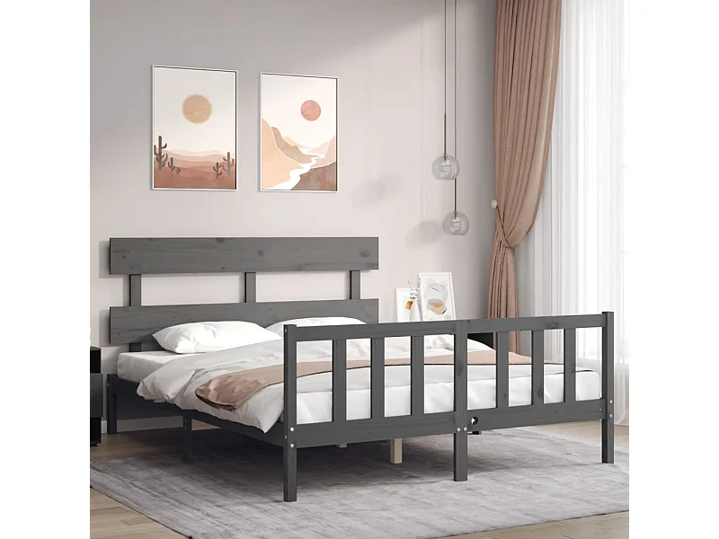 Lit-150x200 cm avec tête de lit gris King Size bois massif EGGB41246