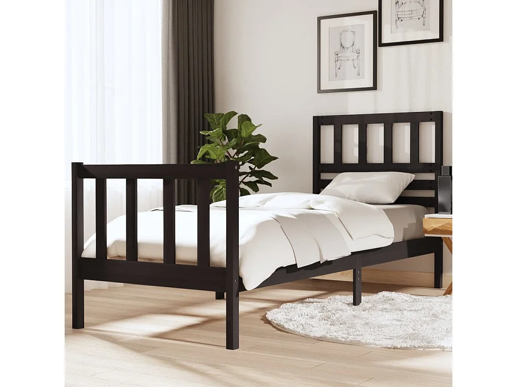 Lit-75x190 cm Noir Bois massif Petit simple EGGB49198