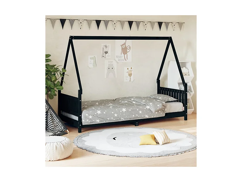 Lit-80x200 cm pour enfants noir bois de pin massif EGGB65944