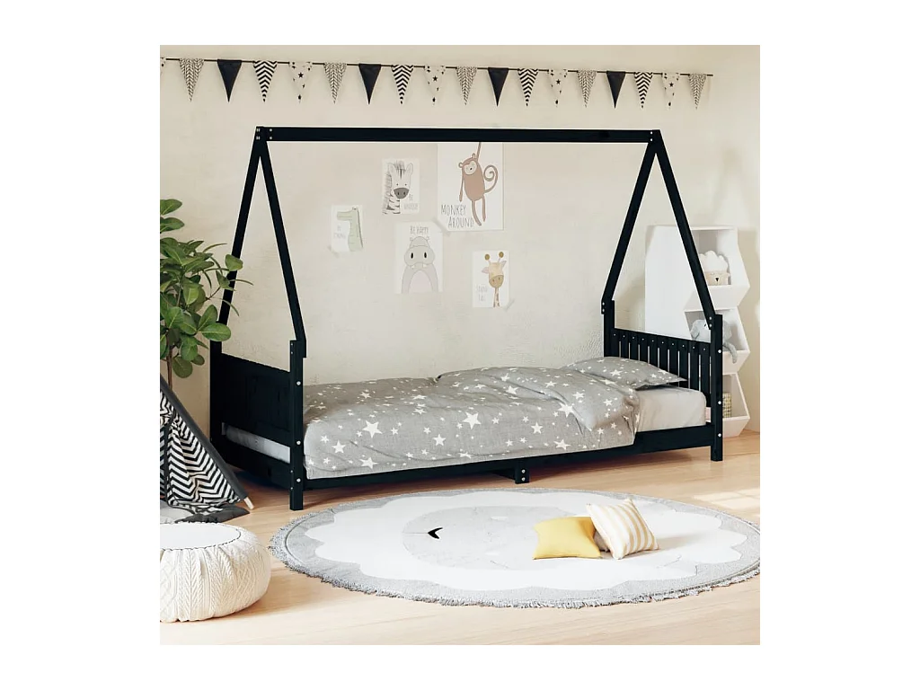 Lit-80x200 cm pour enfants noir bois de pin massif EGGB65944