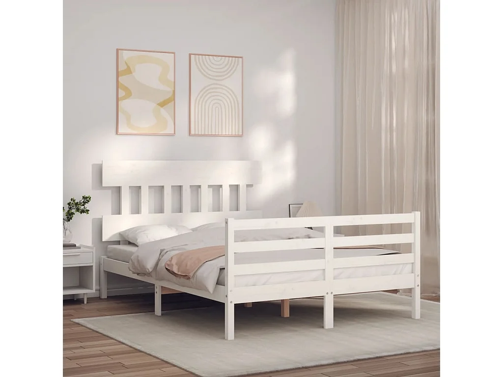 Bedframe met hoofdbord massief hout wit NL40689