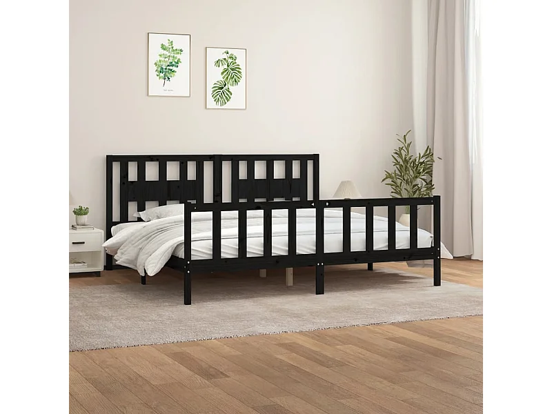 Lit-200x200 cm et tête de lit noir bois de pin massif EGGB92546
