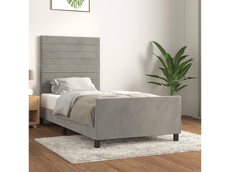 Cama c/ cabeceira 90x190 cm veludo cinzento-claro PT651384