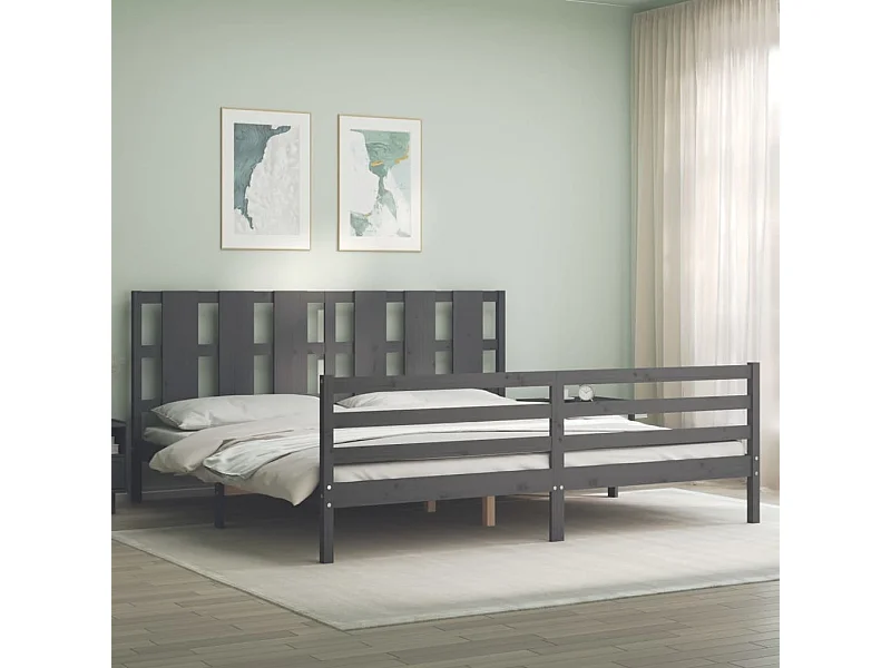 Cama 200x200 cm con cabecero madera maciza gris ES32568