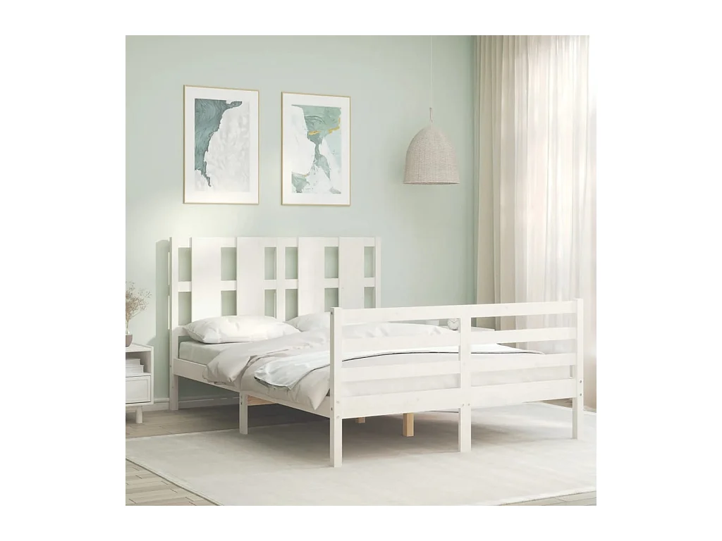 Bedframe met hoofdbord massief hout wit NL17492