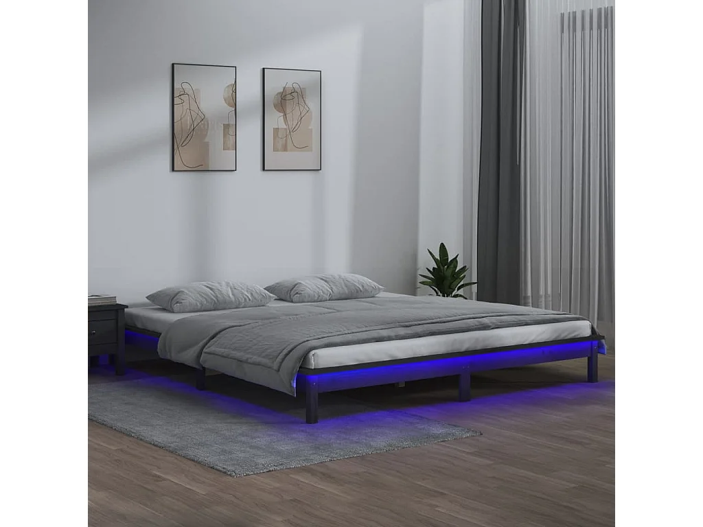 Bedframe LED massief hout grijs 140x190 cm NL71969