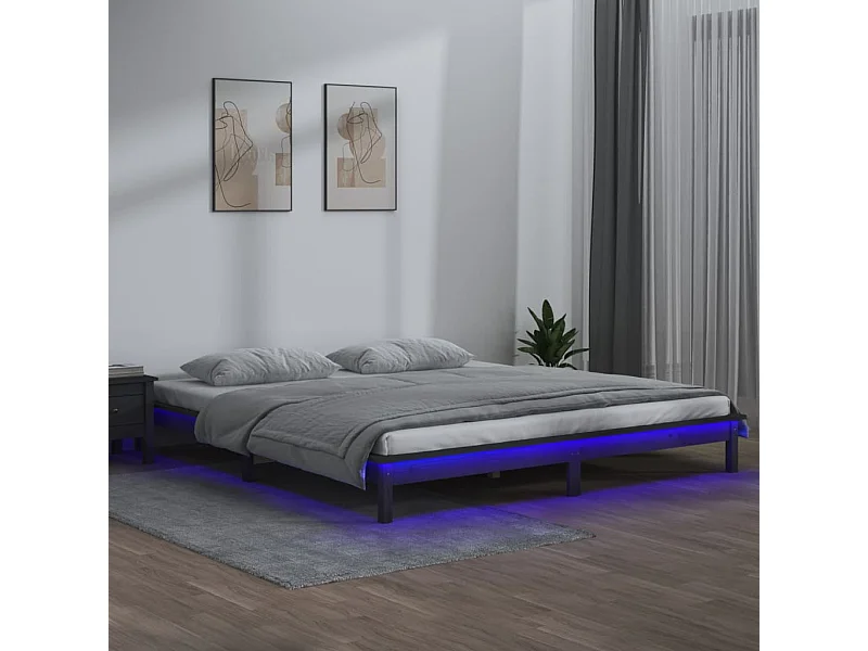 Cama c/ LED 140x190 cm madeira maciça cinzento PT413496
