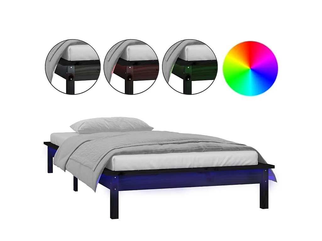 Lit-90x200 cm à LED noir bois massif EGGB40744