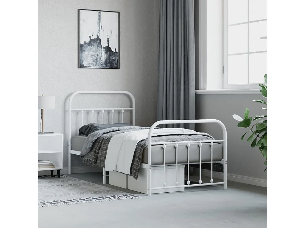 Lit-90x200 cm métal avec tête de lit/pied de lit blanc EGGB39844