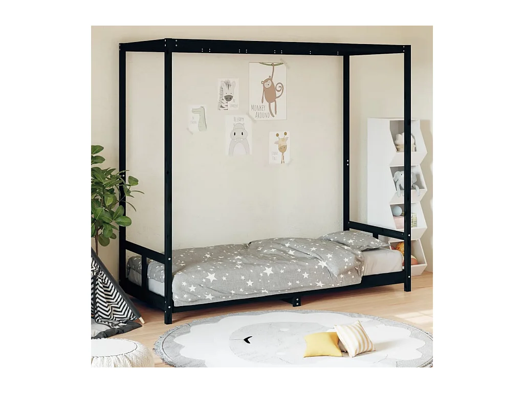 Lit-80x200 cm pour enfants noir bois de pin massif EGGB84120