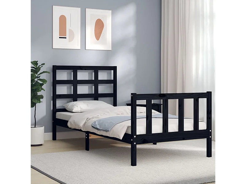 Lit-75x190 cm avec tête de lit noir petit simple bois massif EGGB52562