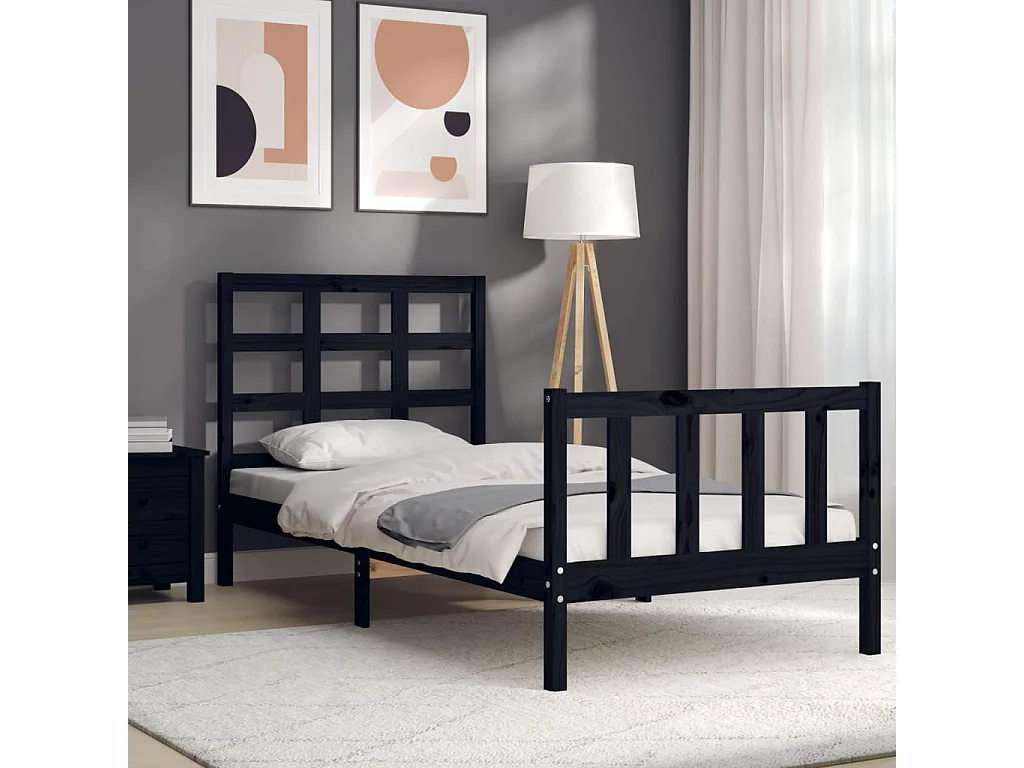 Lit-75x190 cm avec tête de lit noir petit simple bois massif EGGB52562