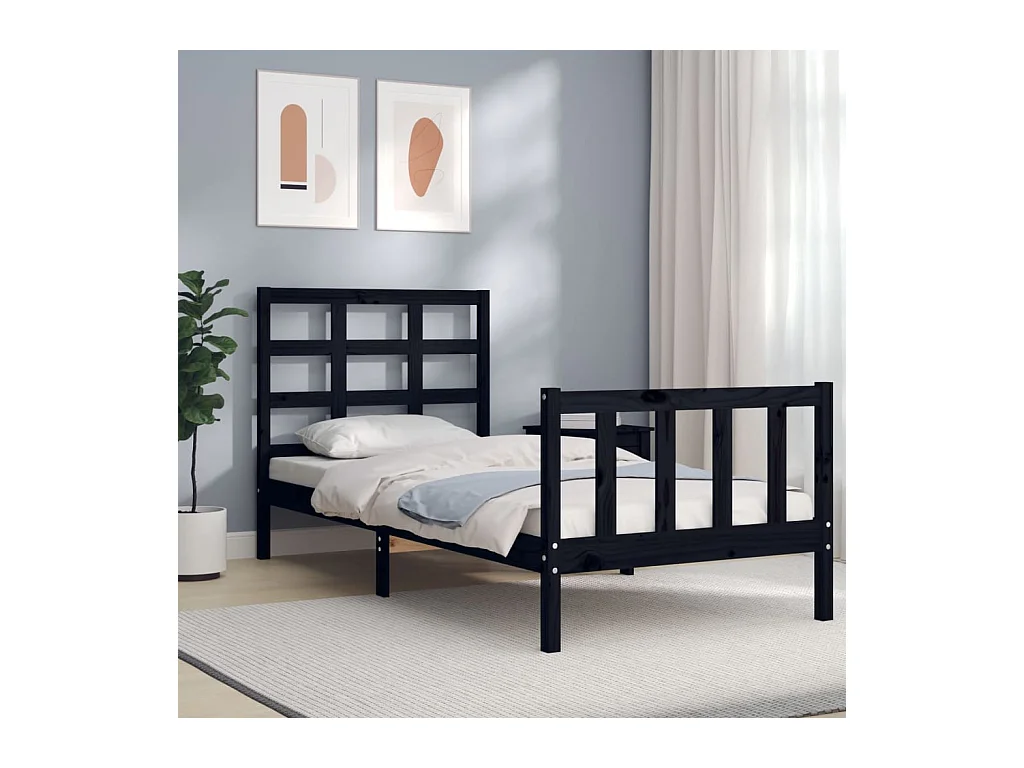 Lit-75x190 cm avec tête de lit noir petit simple bois massif EGGB52562