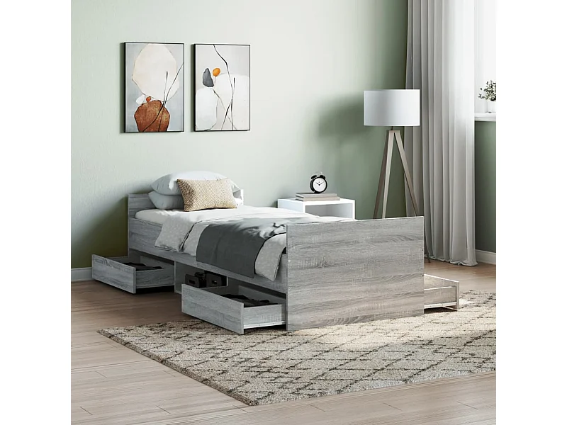 Cama c/ painéis de cabeceira e pés cinzento sonoma PT639829