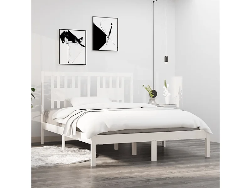 Cama casal 135x190 cm madeira maciça branco PT182951