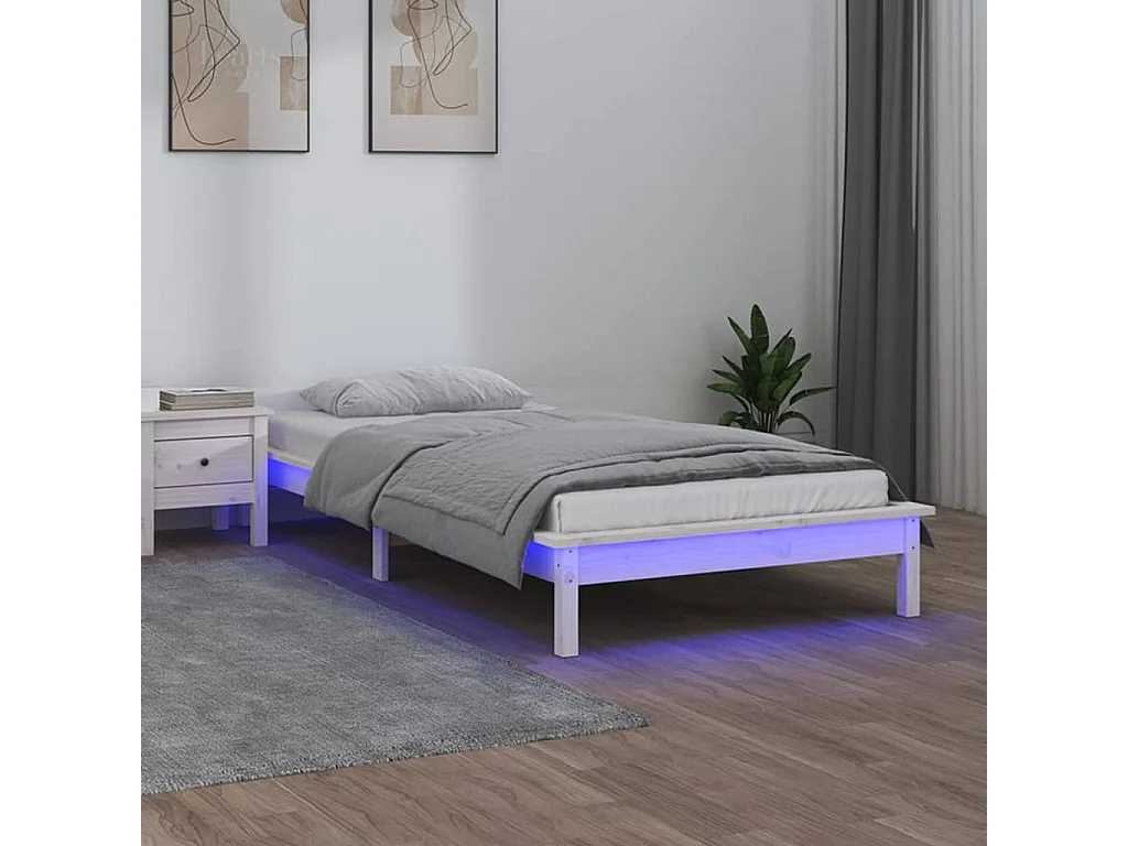 Cama c/ LED solteiro 90x190 cm madeira maciça branco PT189958