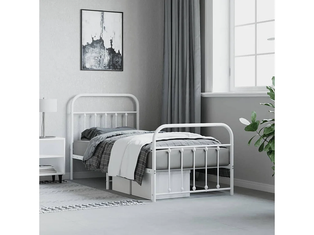 Lit-90x190 cm métal avec tête de lit/pied de lit blanc EGGB99787