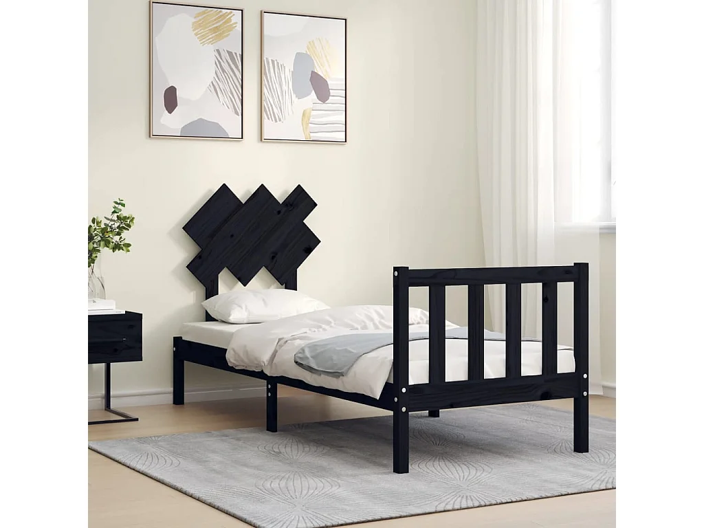 Cama de solteiro c/ cabeceira madeira maciça preto PT820561