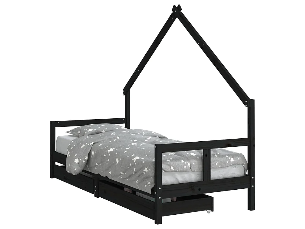 Cama infantil c/ gavetas 80x200cm pinho maciço preto PT152194