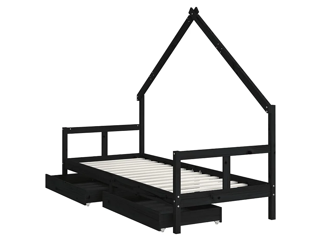 Cama infantil c/ gavetas 80x200cm pinho maciço preto PT152194
