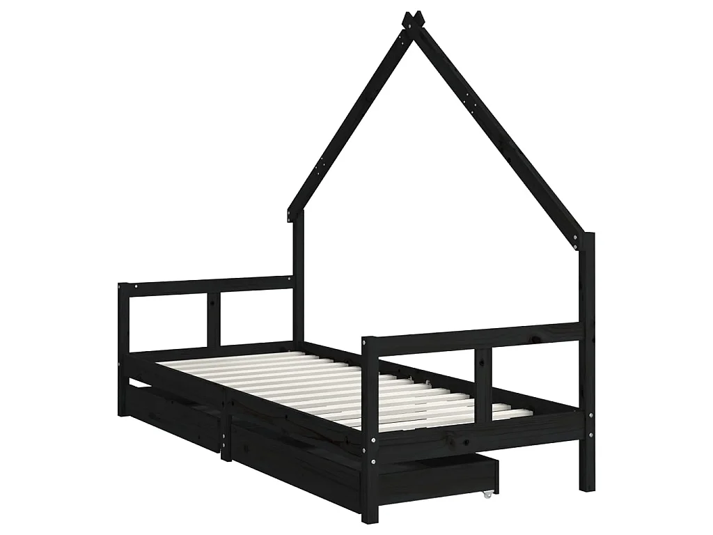 Lit-80x200 cm enfant tiroirs noir bois de pin massif EGGB33520