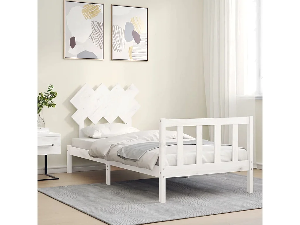 Lit-90x190 cm avec tête de lit blanc simple bois massif EGGB25766