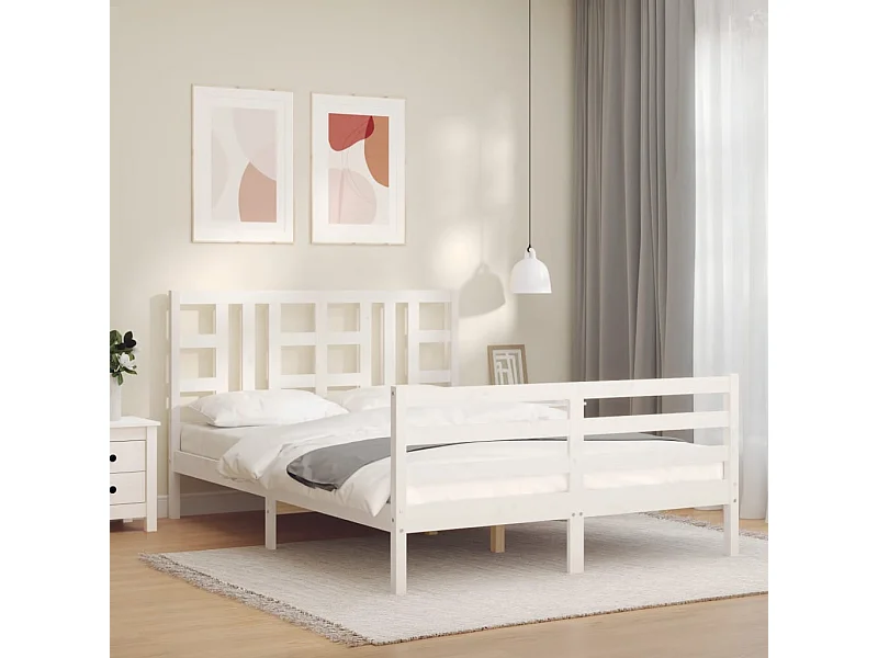 Cama King Size com cabeceira madeira maciça branco PT593387