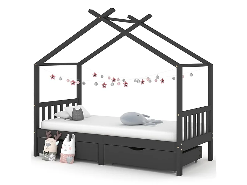 Cama p/ crianças c/ gavetas 90x200 cm pinho maciço cinza-escuro PT919166